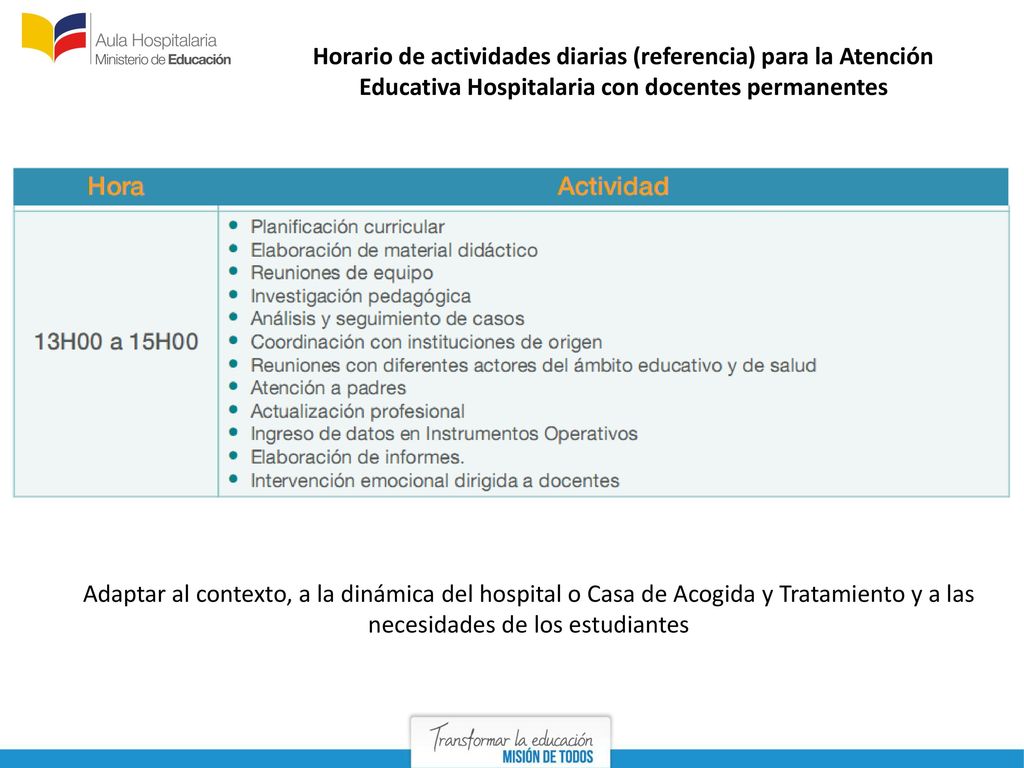 Horario de actividades diarias (referencia) para la Atención Educativa Hospitalaria con docentes permanentes