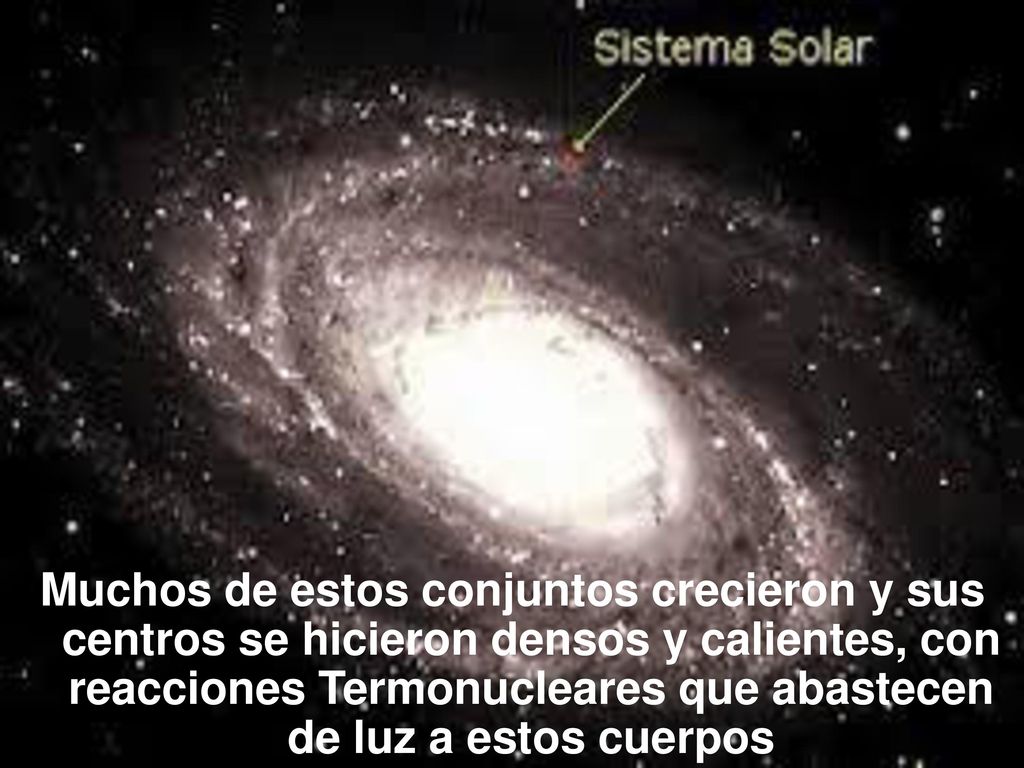 Muchos de estos conjuntos crecieron y sus centros se hicieron densos y calientes, con reacciones Termonucleares que abastecen de luz a estos cuerpos