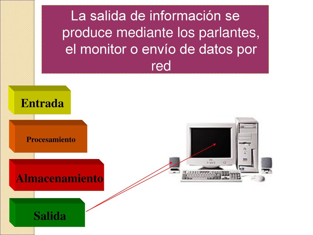La salida de información se produce mediante los parlantes, el monitor o envío de datos por red