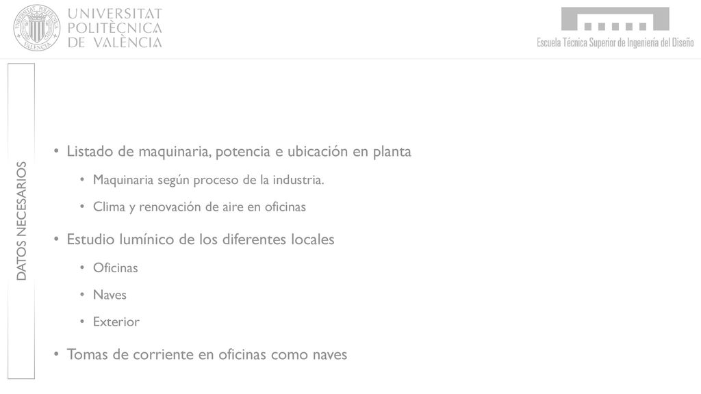 Listado de maquinaria, potencia e ubicación en planta