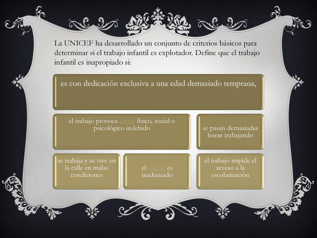 La UNICEF ha desarrollado un conjunto de criterios básicos para determinar si el trabajo infantil es explotador. Define que el trabajo infantil es inapropiado si: