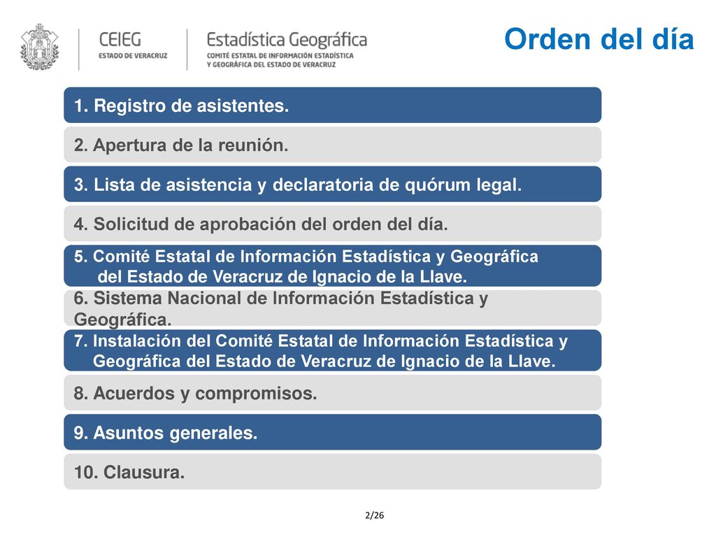 Orden del día 1. Registro de asistentes. 2. Apertura de la reunión.