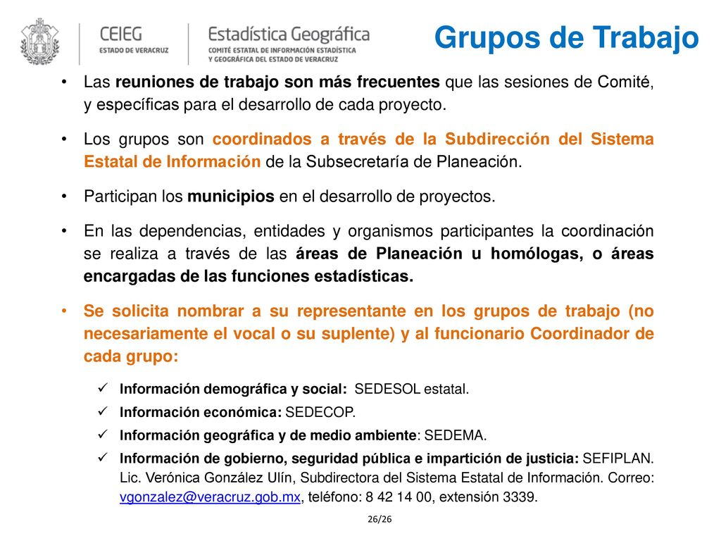 Grupos de Trabajo Las reuniones de trabajo son más frecuentes que las sesiones de Comité, y específicas para el desarrollo de cada proyecto.