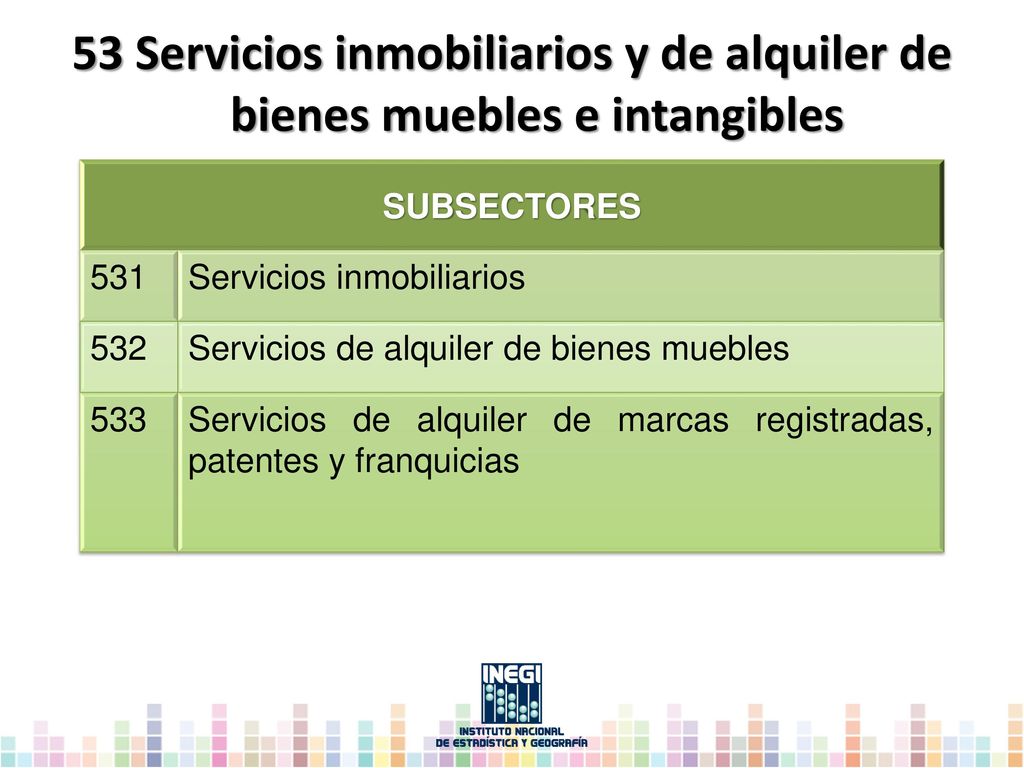 53 Servicios inmobiliarios y de alquiler de bienes muebles e intangibles
