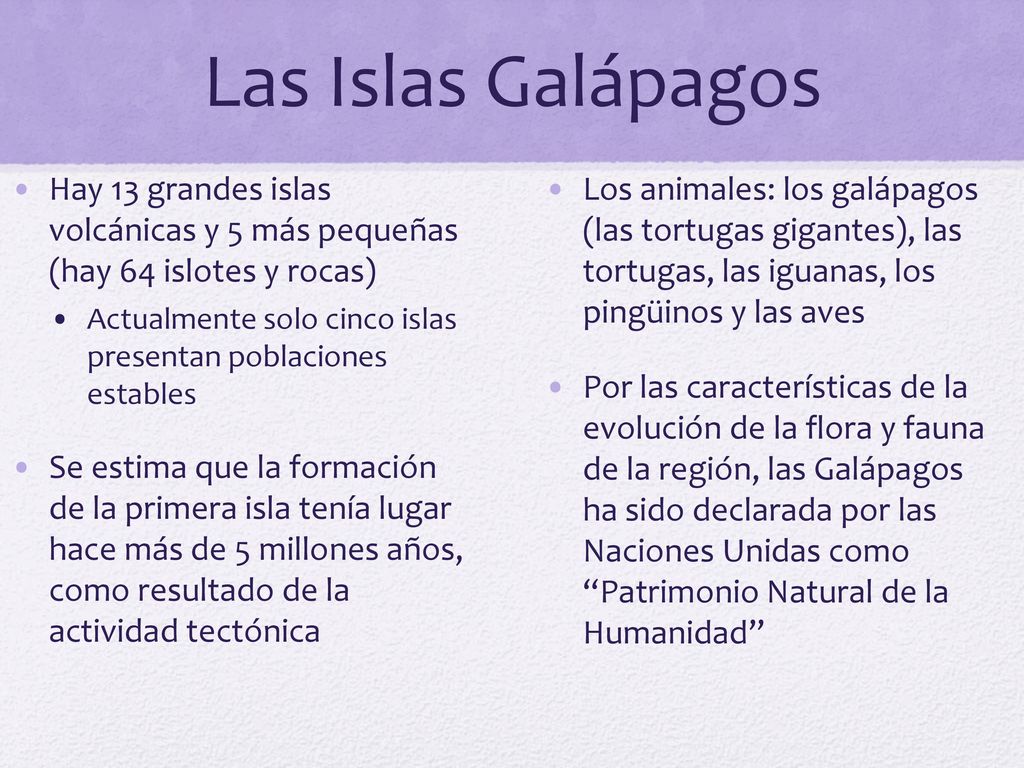 Las Islas Galápagos Hay 13 grandes islas volcánicas y 5 más pequeñas (hay 64 islotes y rocas)