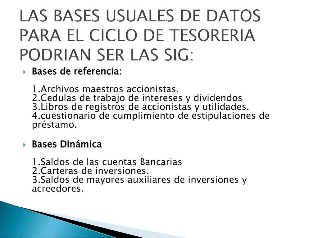 LAS BASES USUALES DE DATOS PARA EL CICLO DE TESORERIA PODRIAN SER LAS SIG: