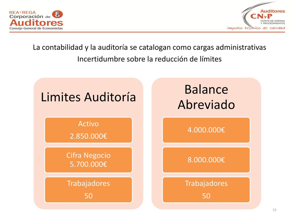 La contabilidad y la auditoría se catalogan como cargas administrativas Incertidumbre sobre la reducción de límites