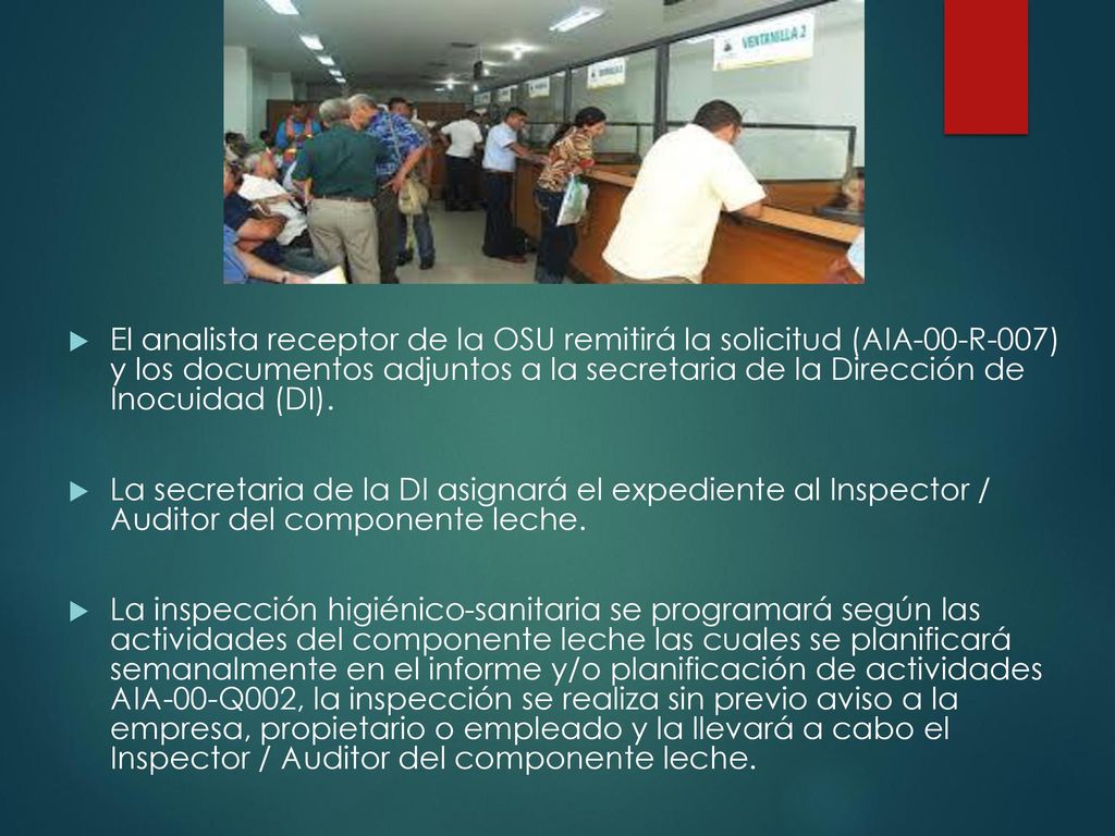 El analista receptor de la OSU remitirá la solicitud (AIA-00-R-007) y los documentos adjuntos a la secretaria de la Dirección de Inocuidad (DI).