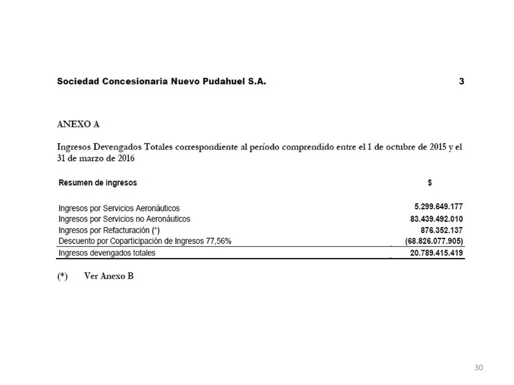 En esta determinación de ingresos el auditor Grant Thorton está considerando como Ingresos Comerciales sólo los devengados (facturados) por la Concesionaria.