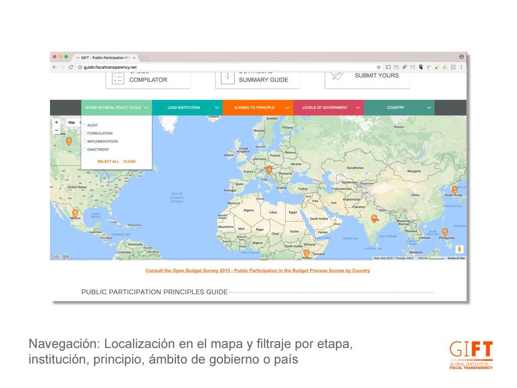 Navegación: Localización en el mapa y filtraje por etapa, institución, principio, ámbito de gobierno o país