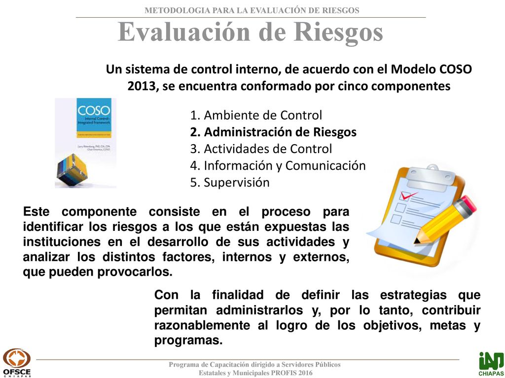 Evaluación de Riesgos Un sistema de control interno, de acuerdo con el Modelo COSO 2013, se encuentra conformado por cinco componentes.
