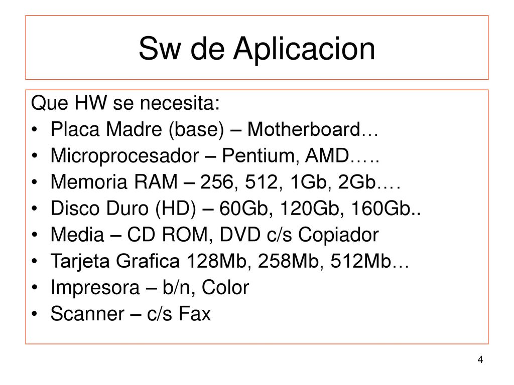 Sw de Aplicacion Que HW se necesita: Placa Madre (base) – Motherboard…