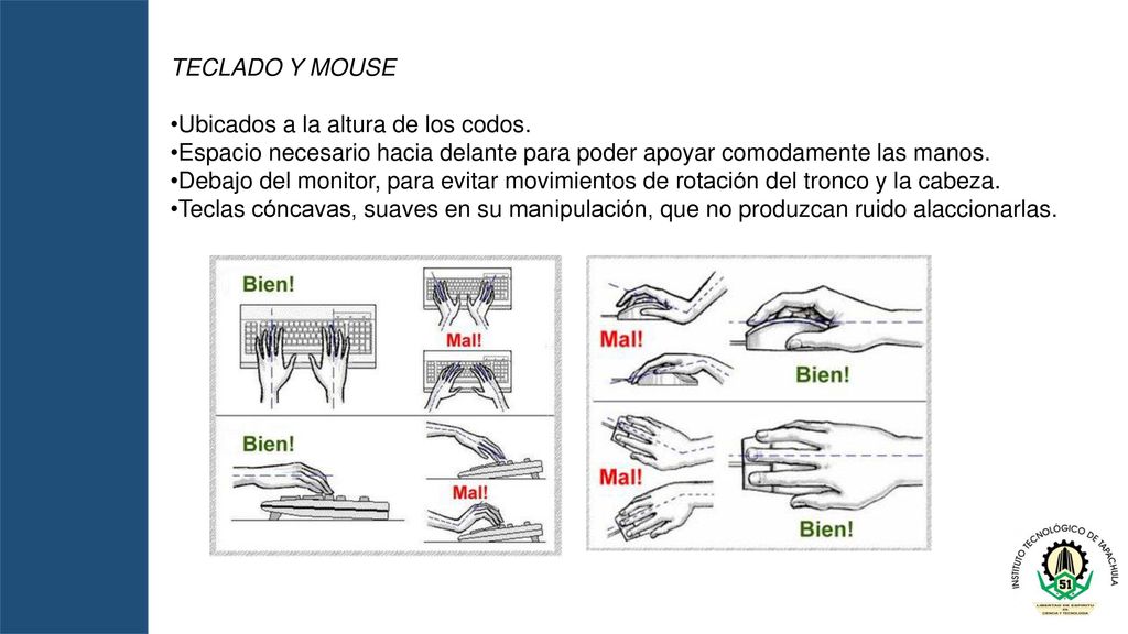 TECLADO Y MOUSE Ubicados a la altura de los codos. Espacio necesario hacia delante para poder apoyar comodamente las manos.