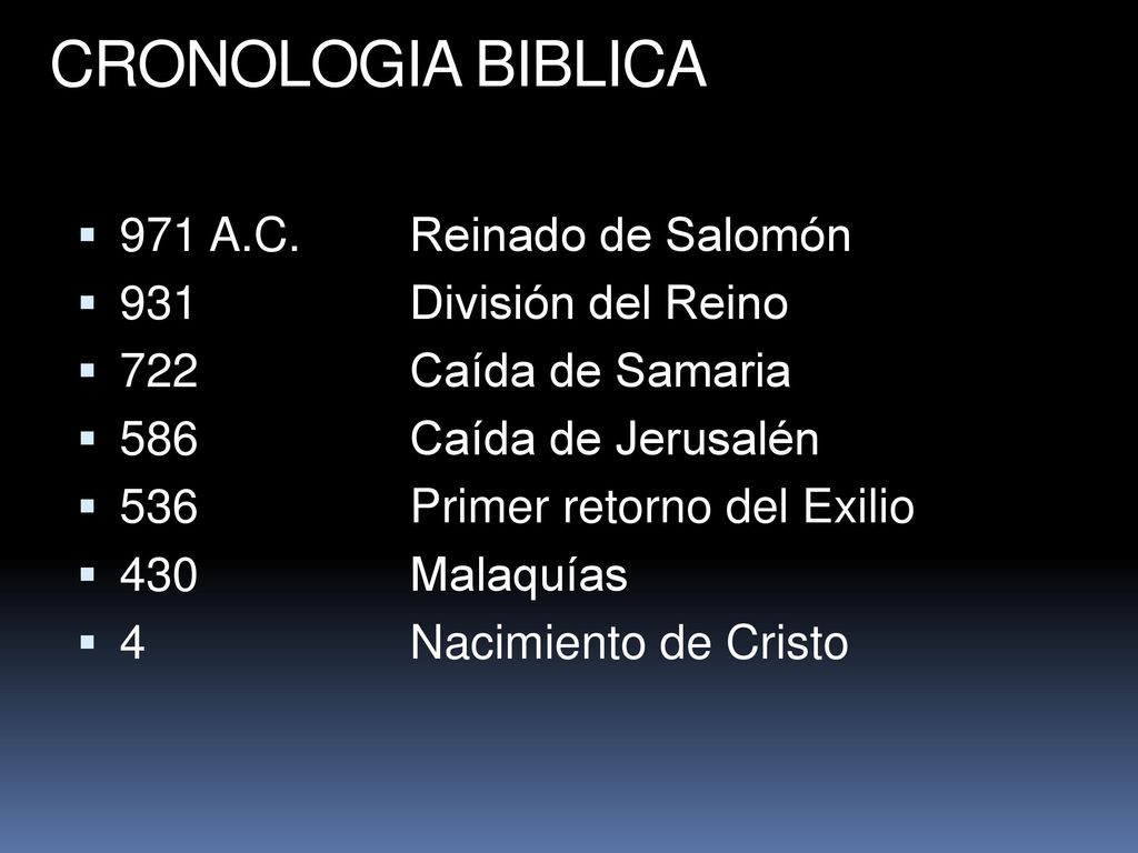 CRONOLOGIA BIBLICA 971 A.C. Reinado de Salomón 931 División del Reino