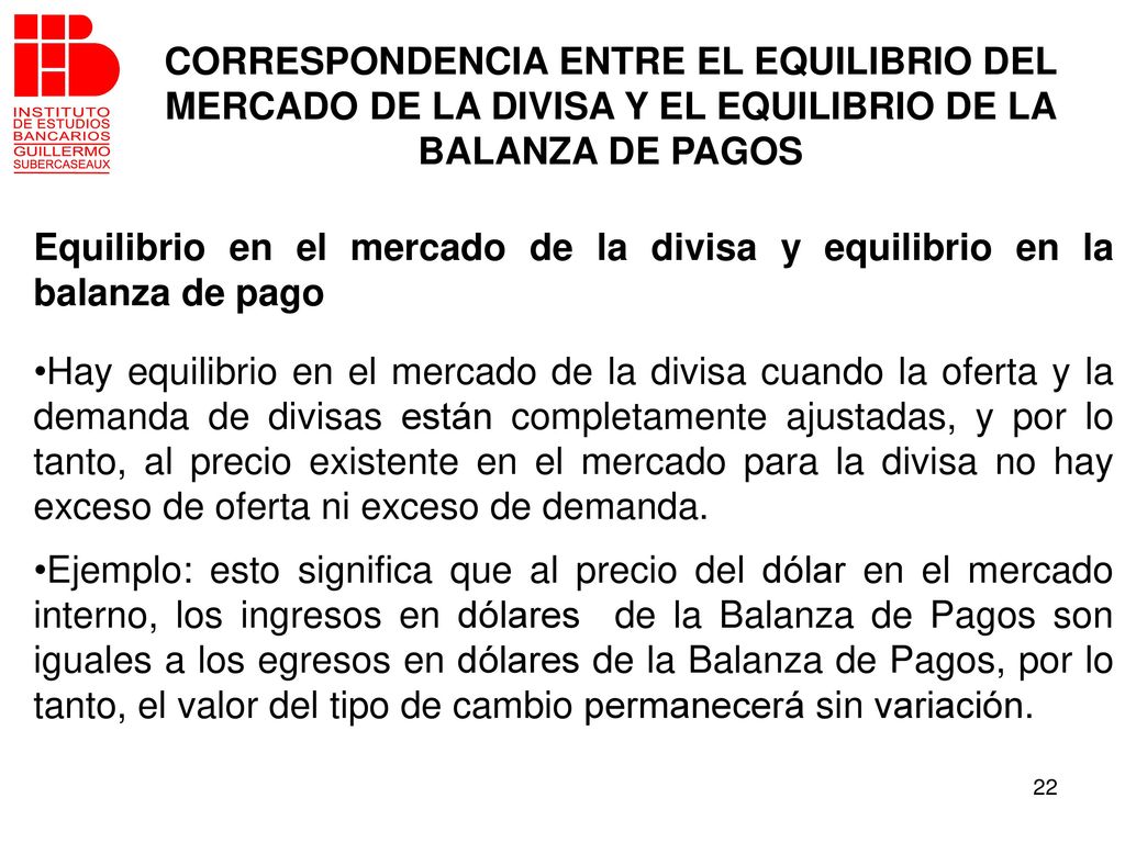 CORRESPONDENCIA ENTRE EL EQUILIBRIO DEL MERCADO DE LA DIVISA Y EL EQUILIBRIO DE LA BALANZA DE PAGOS