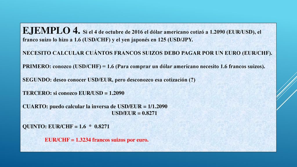 EJEMPLO 4. Si el 4 de octubre de 2016 el dólar americano cotizó a 1