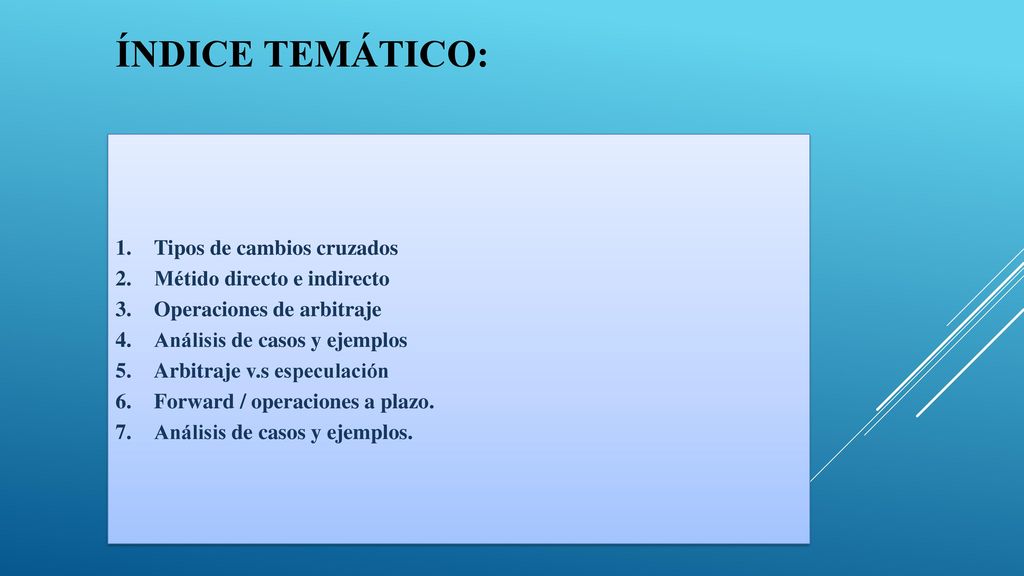 Índice temático: Tipos de cambios cruzados Métido directo e indirecto