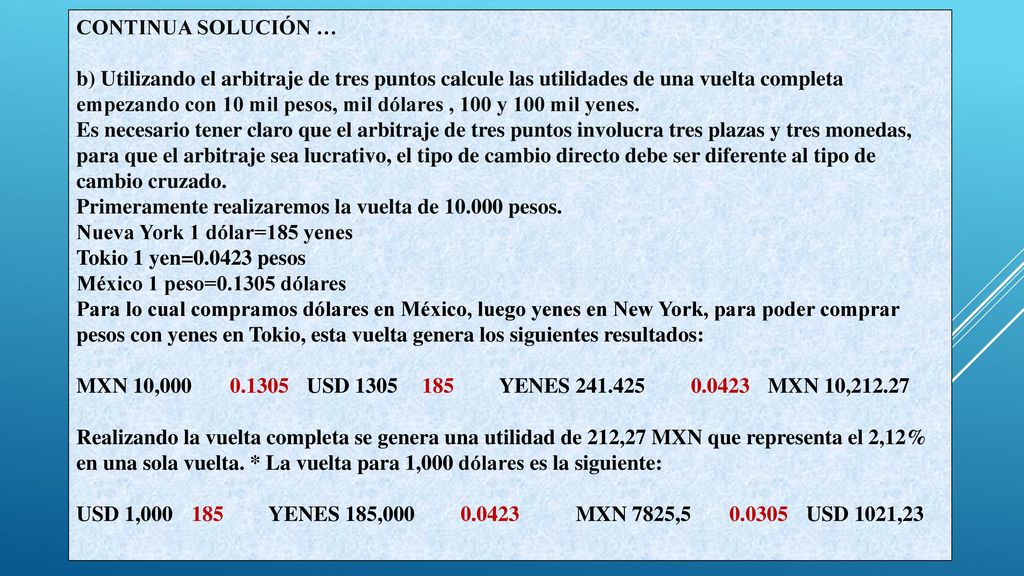 CONTINUA SOLUCIÓN … b) Utilizando el arbitraje de tres puntos calcule las utilidades de una vuelta completa.