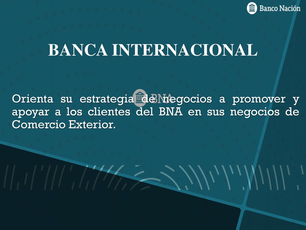 BANCA INTERNACIONAL Orienta su estrategia de negocios a promover y apoyar a los clientes del BNA en sus negocios de Comercio Exterior.