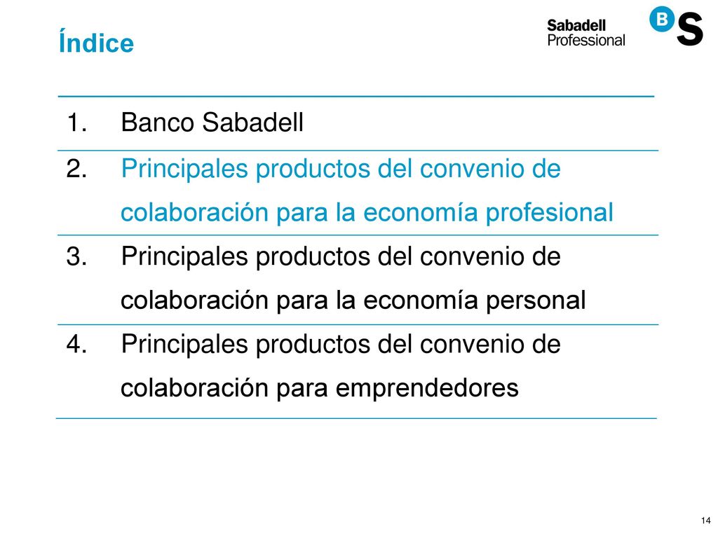 Índice Banco Sabadell. Principales productos del convenio de colaboración para la economía profesional.
