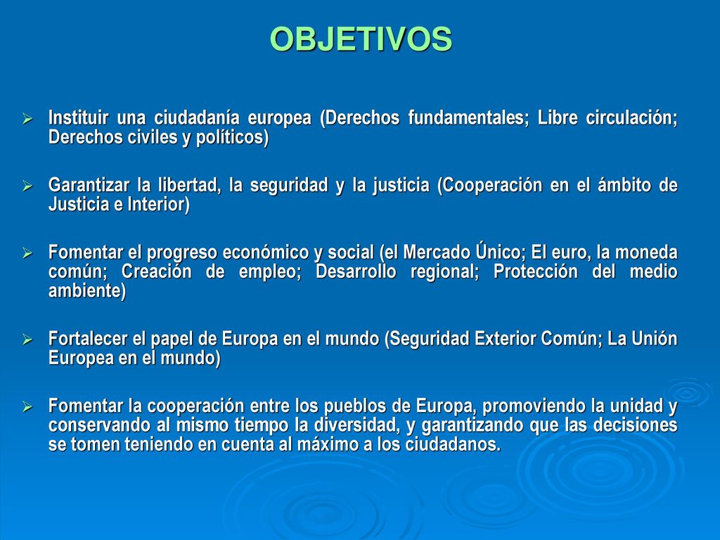 OBJETIVOS Instituir una ciudadanía europea (Derechos fundamentales; Libre circulación; Derechos civiles y políticos)