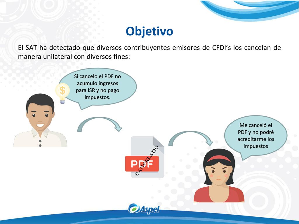 Objetivo El SAT ha detectado que diversos contribuyentes emisores de CFDI’s los cancelan de manera unilateral con diversos fines: