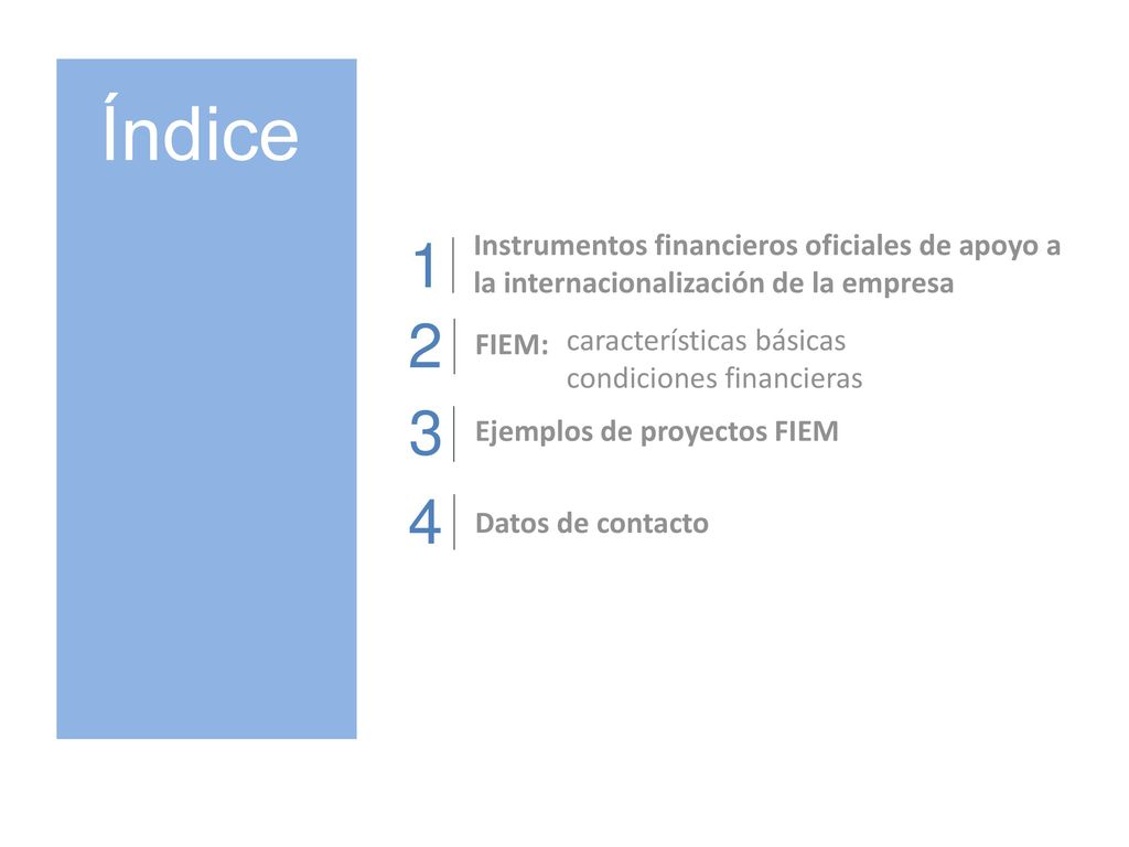 Índice Instrumentos financieros oficiales de apoyo a la internacionalización de la empresa