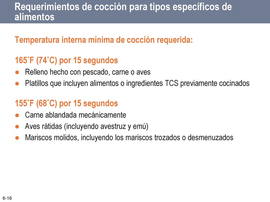 Requerimientos de cocción para tipos específicos de alimentos