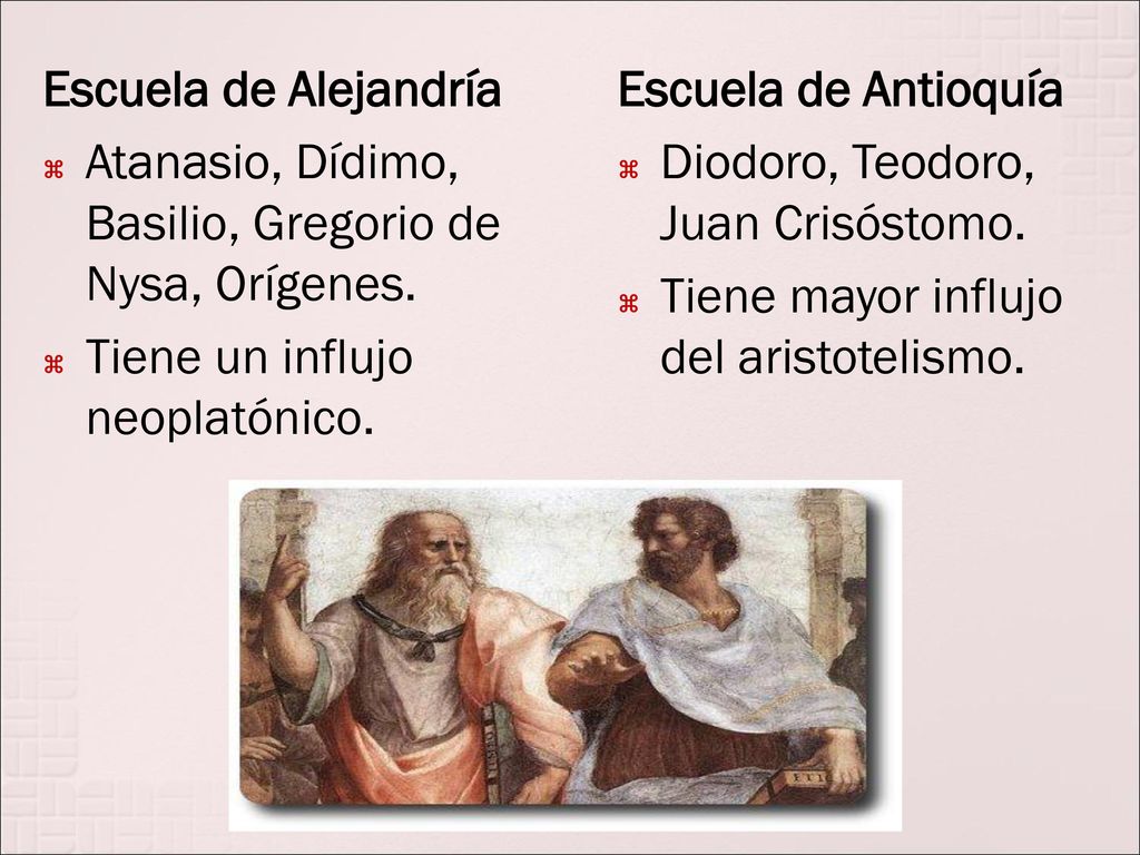 Escuela de Alejandría Atanasio, Dídimo, Basilio, Gregorio de Nysa, Orígenes. Tiene un influjo neoplatónico.