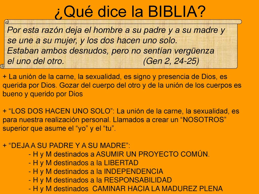¿Qué dice la BIBLIA Por esta razón deja el hombre a su padre y a su madre y. se une a su mujer, y los dos hacen uno solo.