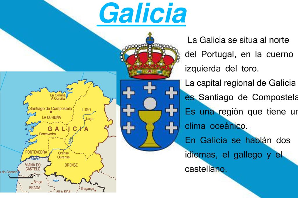 Galicia Galicia. La Galicia se situa al norte del Portugal, en la cuerno izquierda del toro.