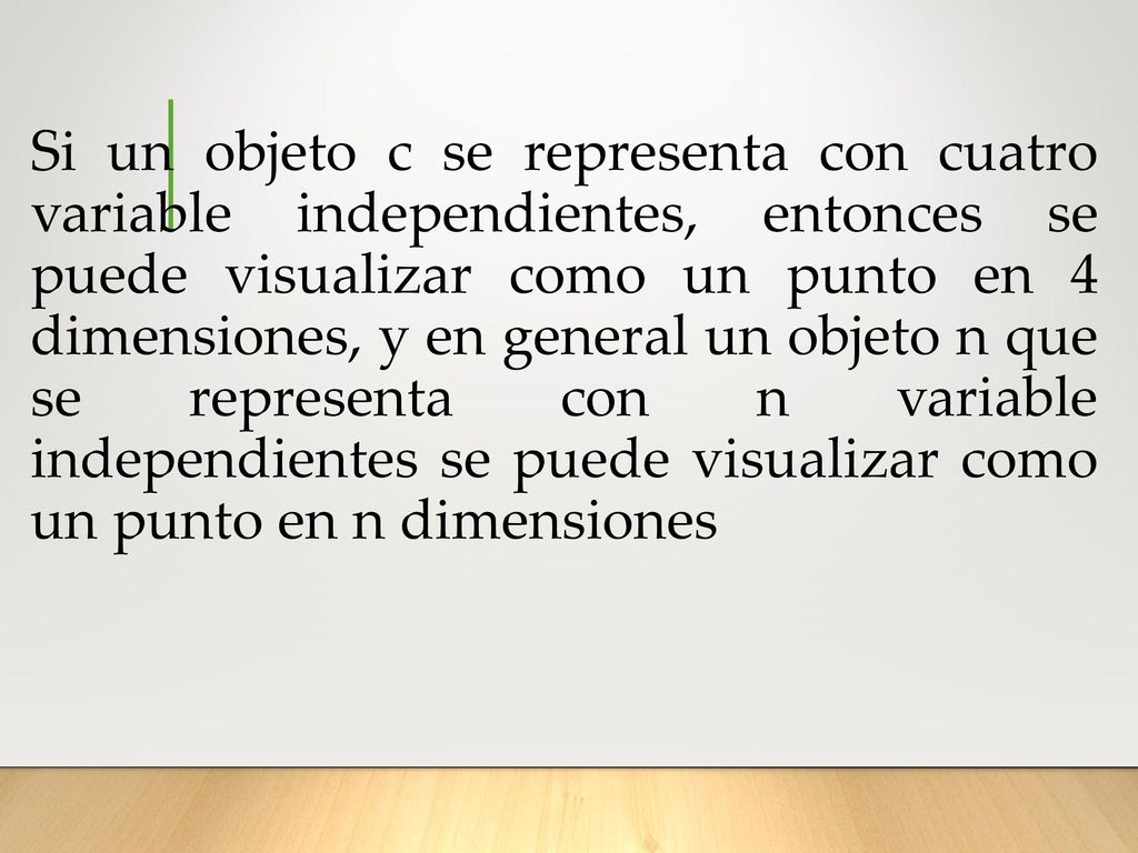 Si un objeto c se representa con cuatro variable independientes, entonces se puede visualizar como un punto en 4 dimensiones, y en general un objeto n que se representa con n variable independientes se puede visualizar como un punto en n dimensiones