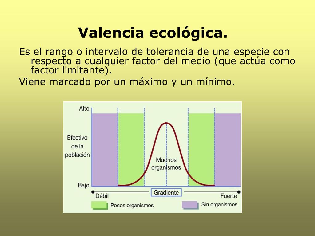 Valencia ecológica. Es el rango o intervalo de tolerancia de una especie con respecto a cualquier factor del medio (que actúa como factor limitante).