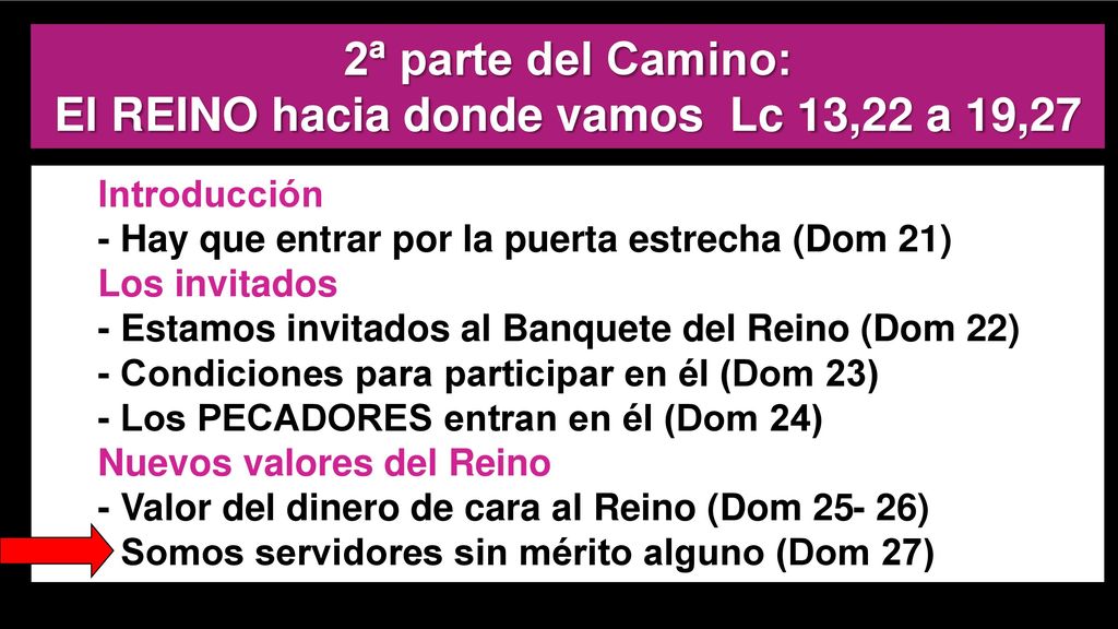 2ª parte del Camino: El REINO hacia donde vamos Lc 13,22 a 19,27