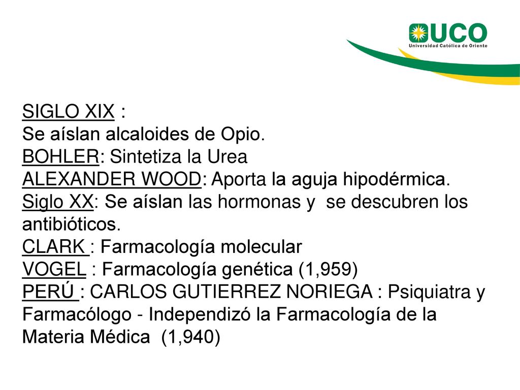 SIGLO XIX : Se aíslan alcaloides de Opio. BOHLER: Sintetiza la Urea. ALEXANDER WOOD: Aporta la aguja hipodérmica.