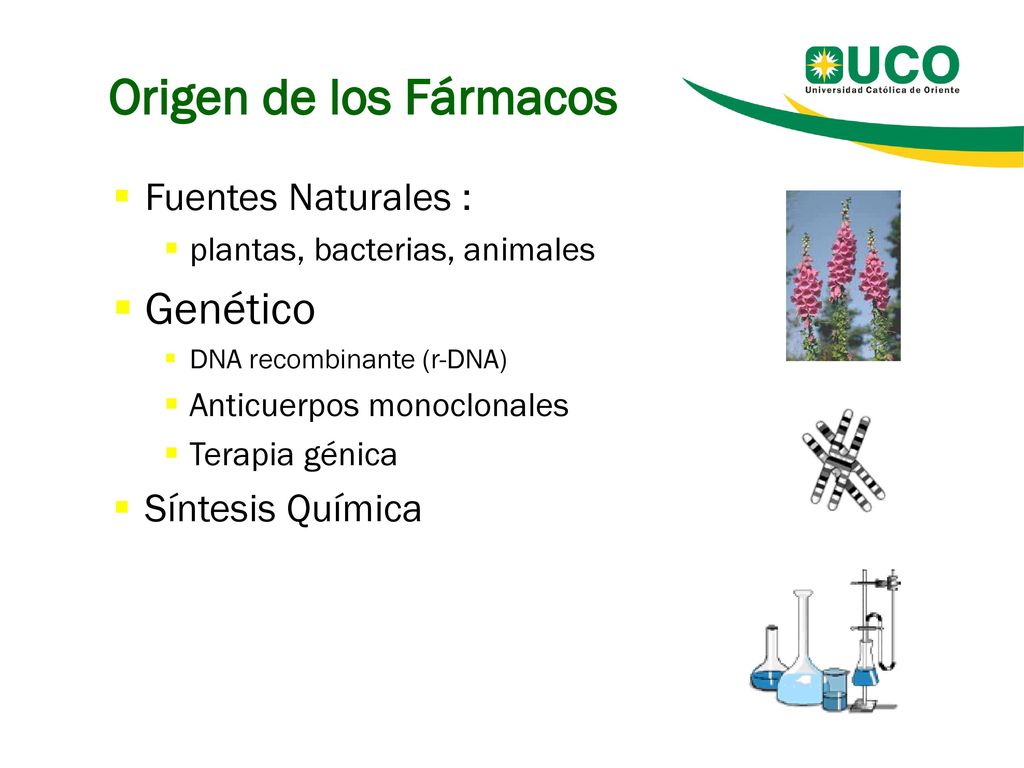 Origen de los Fármacos Genético Fuentes Naturales : Síntesis Química