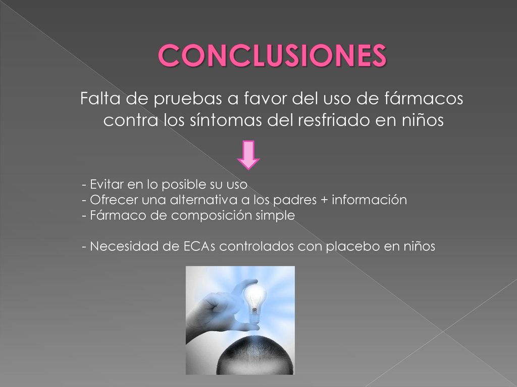 CONCLUSIONES Falta de pruebas a favor del uso de fármacos contra los síntomas del resfriado en niños.