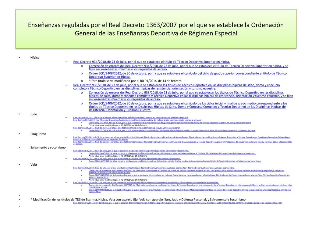 Enseñanzas reguladas por el Real Decreto 1363/2007 por el que se establece la Ordenación General de las Enseñanzas Deportiva de Régimen Especial