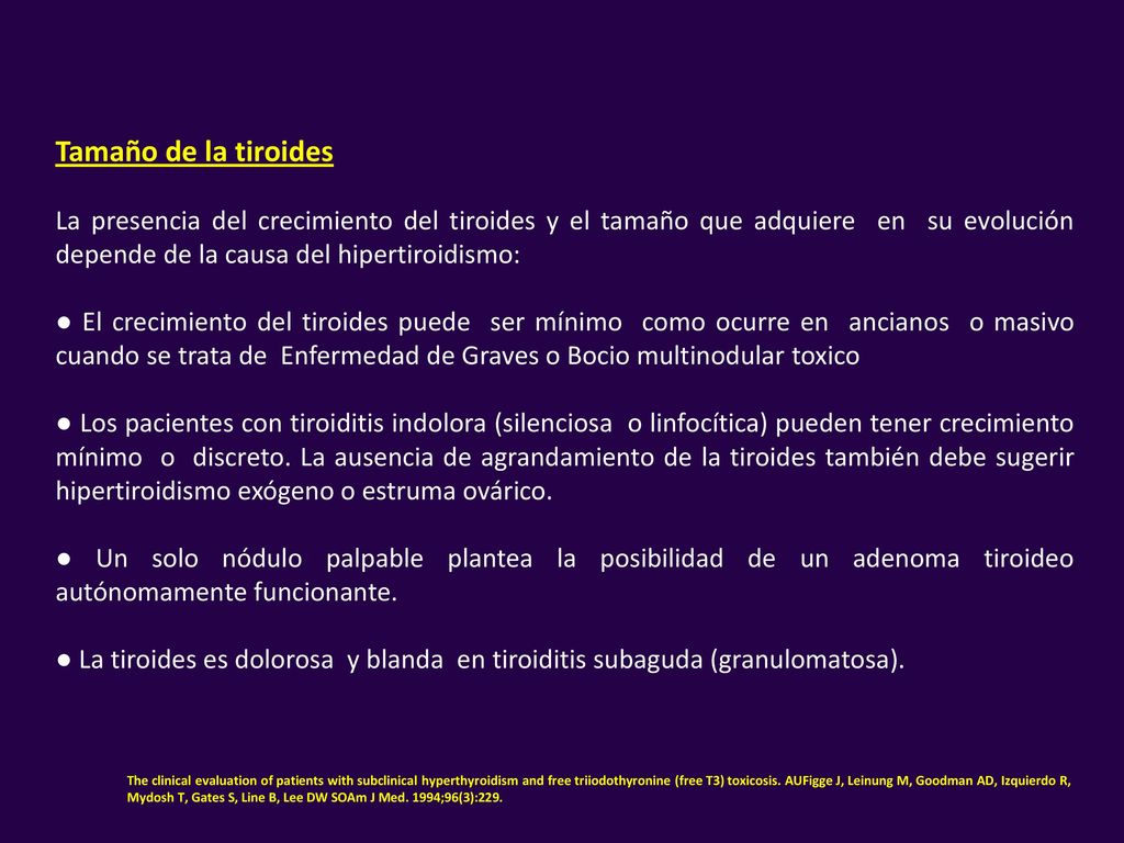 Tamaño de la tiroides La presencia del crecimiento del tiroides y el tamaño que adquiere en su evolución depende de la causa del hipertiroidismo: