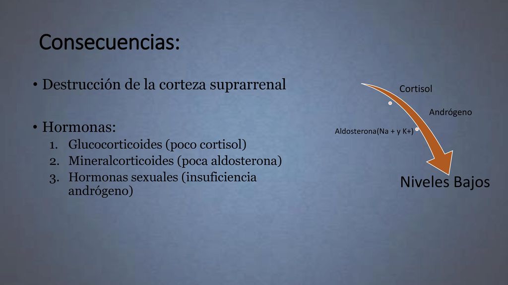 Consecuencias: Destrucción de la corteza suprarrenal Hormonas: