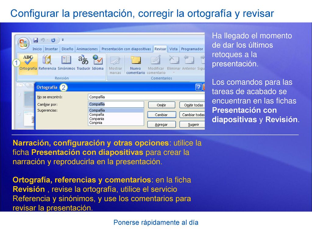 Configurar la presentación, corregir la ortografía y revisar