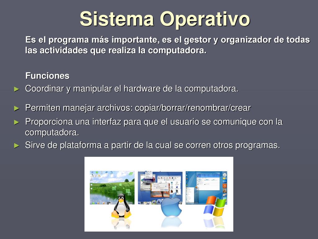 Sistema Operativo Es el programa más importante, es el gestor y organizador de todas las actividades que realiza la computadora.