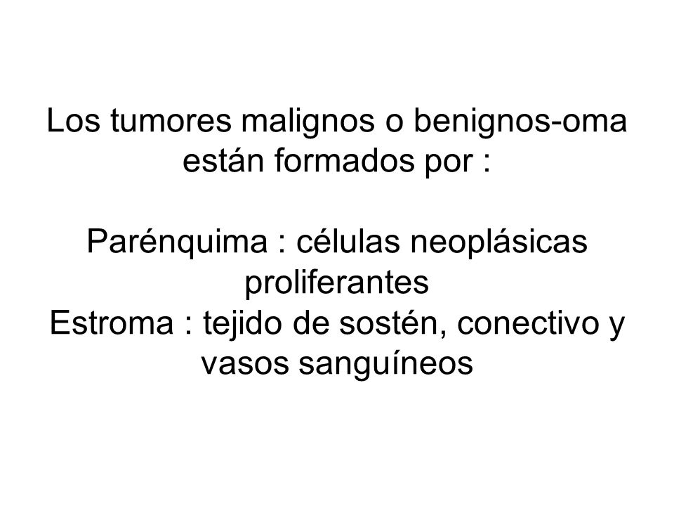 Los tumores malignos o benignos-oma están formados por : Parénquima : células neoplásicas proliferantes Estroma : tejido de sostén, conectivo y vasos sanguíneos