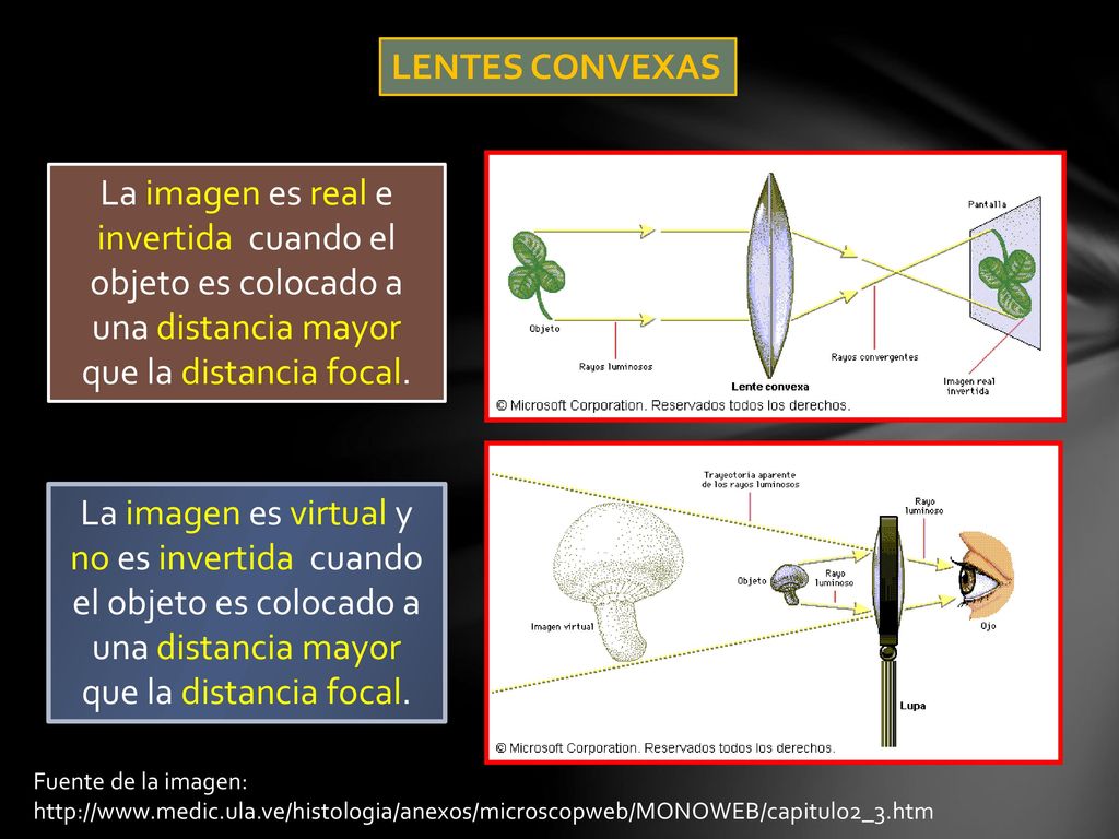 LENTES CONVEXAS La imagen es real e invertida cuando el objeto es colocado a una distancia mayor que la distancia focal.