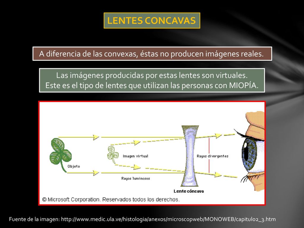 LENTES CONCAVAS A diferencia de las convexas, éstas no producen imágenes reales. Las imágenes producidas por estas lentes son virtuales.