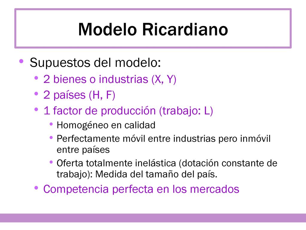 Modelo Ricardiano Supuestos del modelo: 2 bienes o industrias (X, Y)
