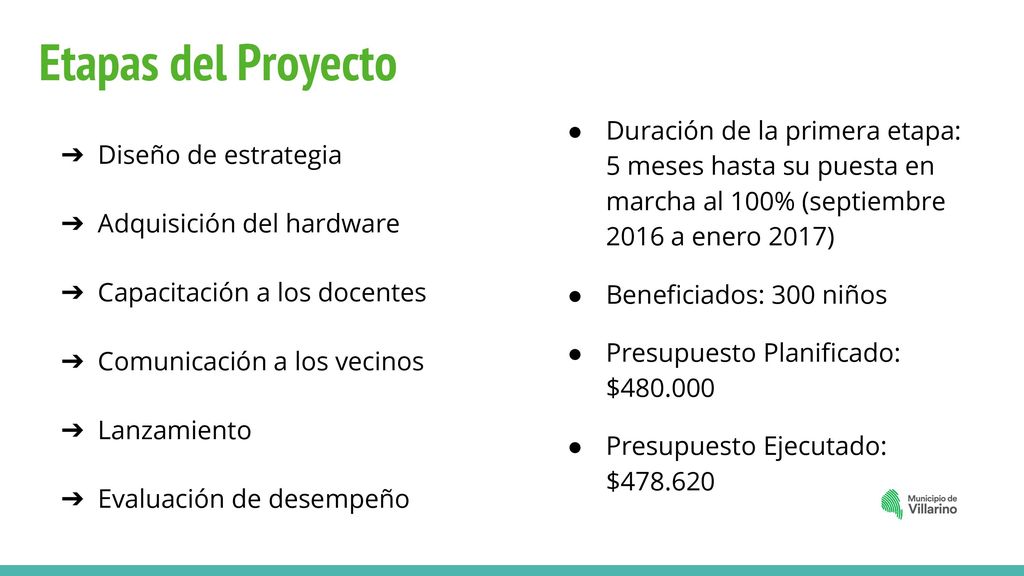 Etapas del Proyecto Duración de la primera etapa:​ 5 meses hasta su puesta en marcha al 100% (septiembre 2016 a enero 2017)