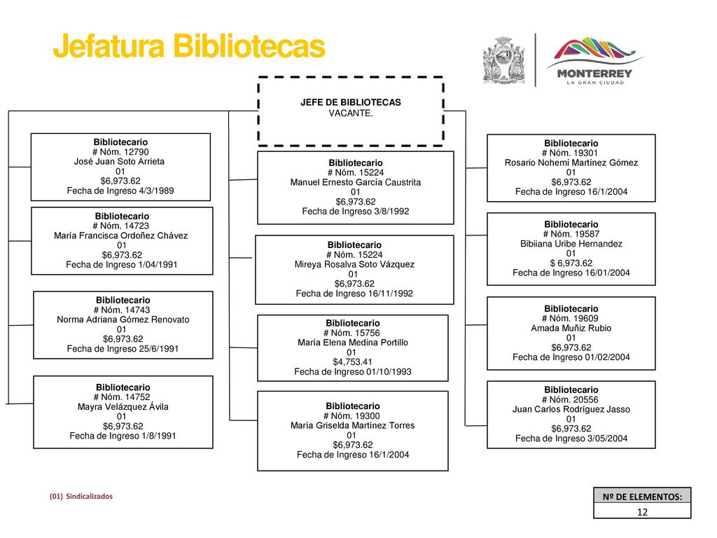 Jefatura Bibliotecas 12 Nº DE ELEMENTOS: JEFE DE BIBLIOTECAS VACANTE.