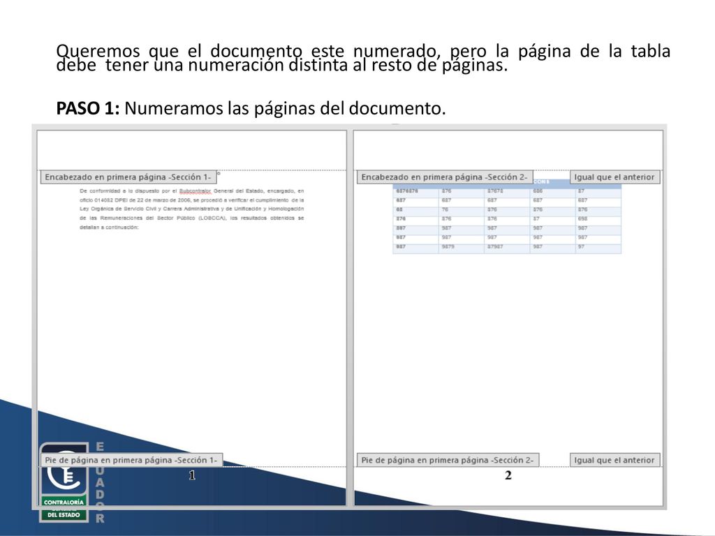 Queremos que el documento este numerado, pero la página de la tabla debe tener una numeración distinta al resto de páginas.