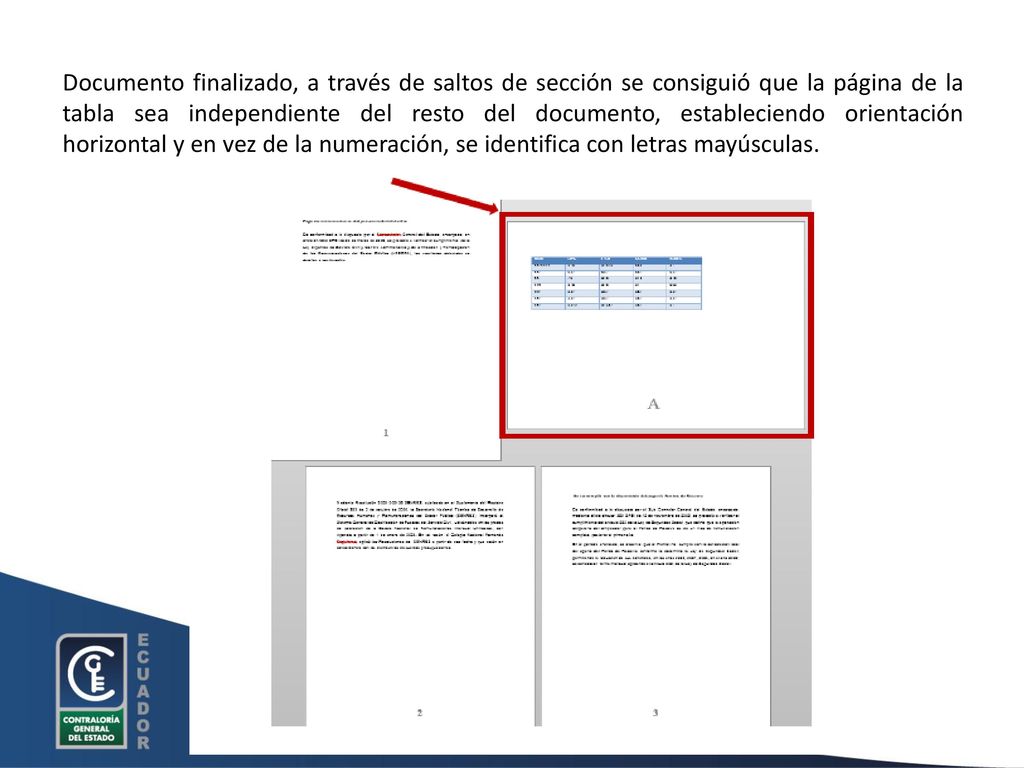 Documento finalizado, a través de saltos de sección se consiguió que la página de la tabla sea independiente del resto del documento, estableciendo orientación horizontal y en vez de la numeración, se identifica con letras mayúsculas.